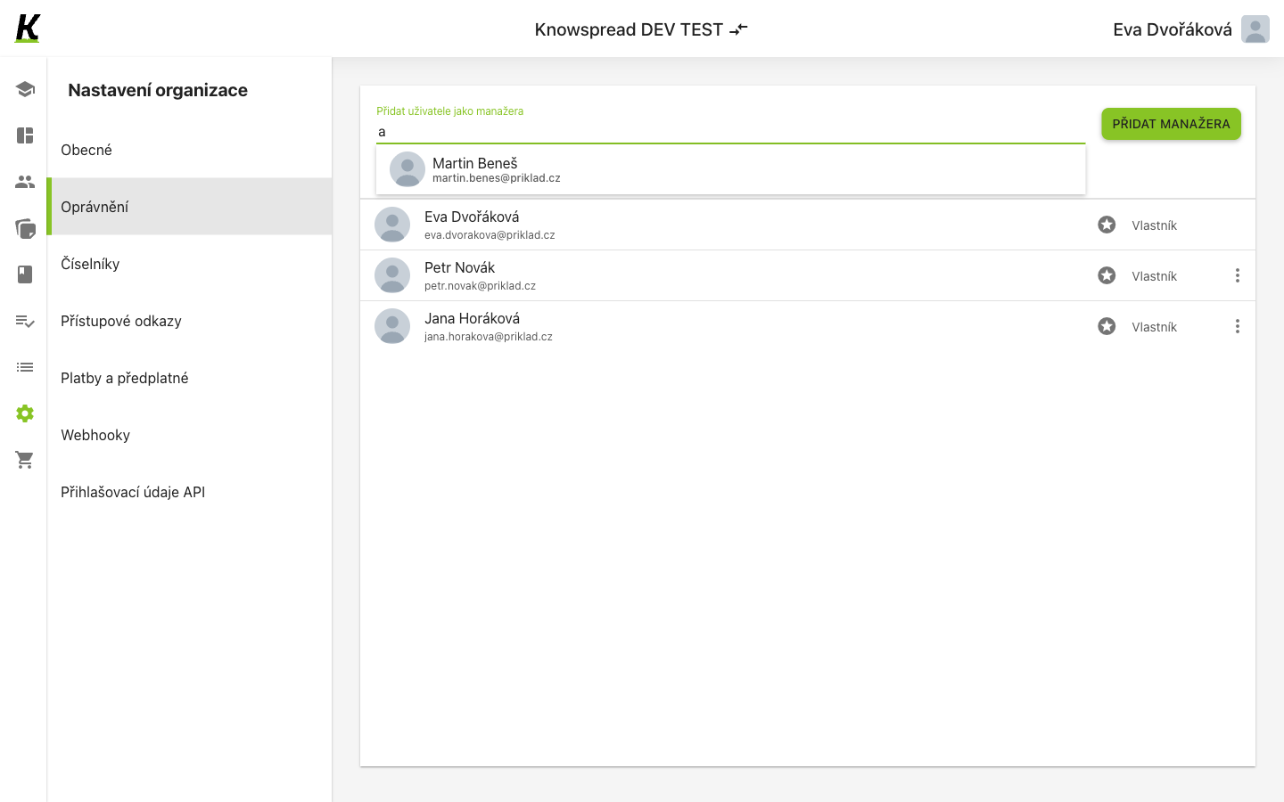 Permissions screen with the search dropdown open