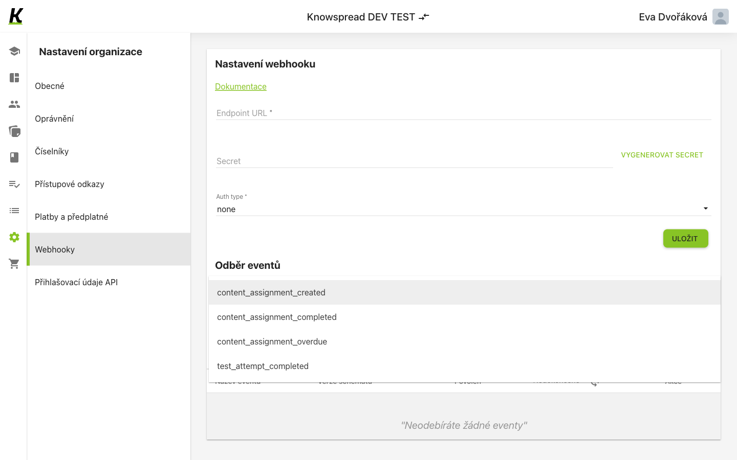 Webhook settings with the event picker open